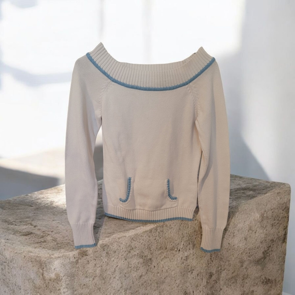 Energie Off-Shoulder Sweater in Cream with Blue Accents